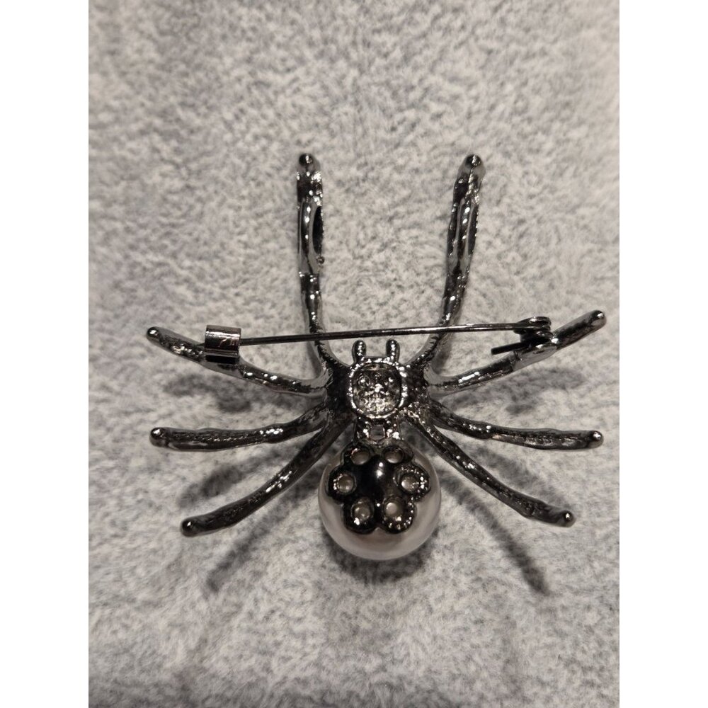 Gunmetal Spider Pendant Brooch Faux Silver Pearl Body & Black Rhinestone 2x1.75" - Picture 3 of 13